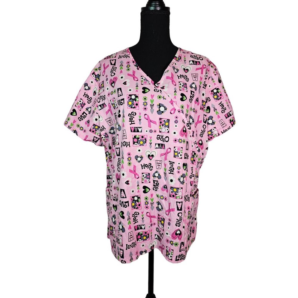 Women's SB Scrubs, Size XL, Short Sleeve, Pink Ribbon, Hope, Love, Care